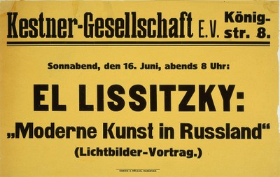 Affiche voor de voordracht van Lissitzky bij het Kestner-gezelschap Hannover