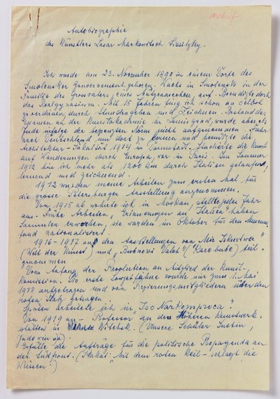 Duitse vertaling van manuscript 'Autobiographie des Künstlers Lasar Markowitsch Lissitzky' door Sophie Küppers-Lissitzky