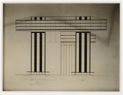 Foto van Lissitzky van zijn ontwerp 'Der Wolkenbügel. Ansicht gegen Nikitskij B-d (De 'Wolkenbügel'. Zicht op Nikitskij Boulevard)'