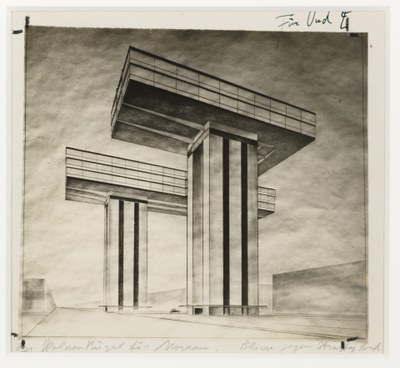 Foto van Lissitzky van zijn ontwerp 'Der Wolkenbügel für Moskau. Ansicht gegen Strastnoj B-d' (De 'Wolkenbügel' voor Moskou. Zicht op Strastnoj Boulevard)