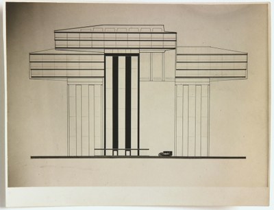 Foto van Lissitzky van zijn ontwerp 'Der Wolkenbügel für Moskau. Blick gegen Strastnoj B-d' (De 'Wolkenbügel' voor Moskou. Zicht op Strastnoj Boulevard)