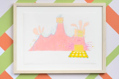 Wall painting design for Judd square box (with carpet and wooden objects)