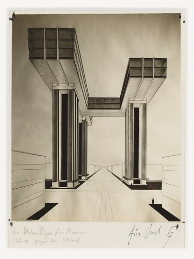 Foto van Lissitzky van zijn ontwerp 'Der Wolkenbügel für Moskau. Blick gegen den Kreml (De Wolkenbügel voor Moskou. Zicht op het Kremlin)'