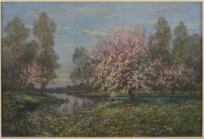 Landschap met bloeiende bomen