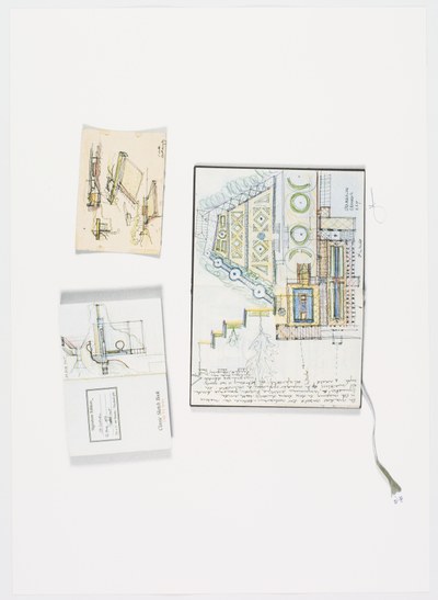Schetsboek en blad, ontwerp Villa Out, 1989 / Dagboekpagina met plattegrond Alhambra, 1990