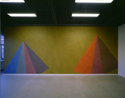 Wall Drawing No. 480. Two asymmetrical pyramids with color ink washes superimposed.